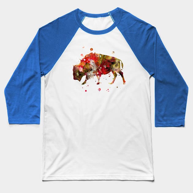 Bison Watercolor Painting Baseball T-Shirt by Miao Miao Design